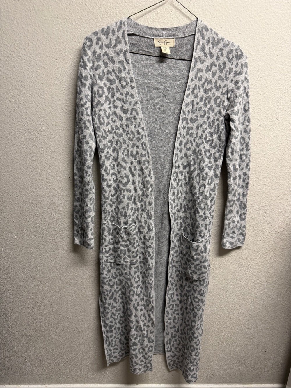 Jessica Simpson Light Gray Leopard Open-Front Long Cardigan